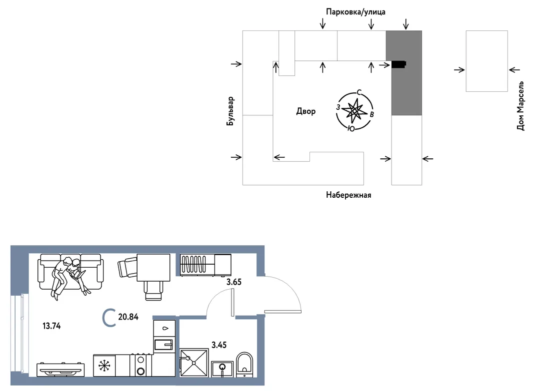 Планировка Студия, 20.84 м² ЖК «Европейский берег 2.0»