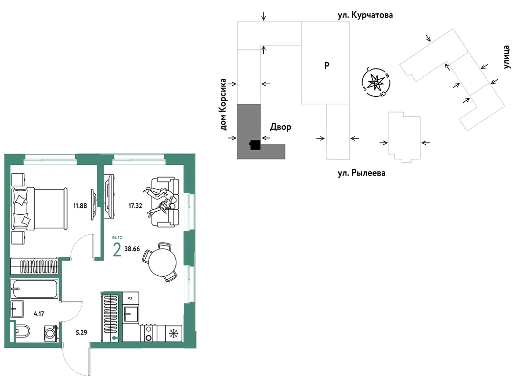 Планировка 2-комн. квартира, 38.66 м² ЖК «Остров-сад»