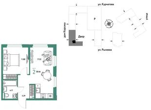 Планировка 2-комн. квартира, 38.66 м² ЖК «Остров-сад»