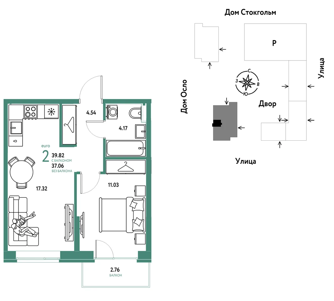 Планировка 2-комн. квартира, 39.82 м² ЖК «Европейский берег 2.0»