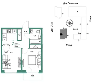 Планировка 2-комн. квартира, 39.82 м² ЖК «Европейский берег 2.0»