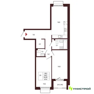 Планировка 2-комн. квартира, 65.95 м² ЖК «Лисино»