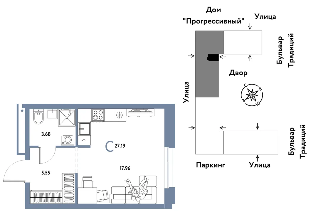 Планировка Студия, 27.19 м² ЖК «Микрорайон Домашний»