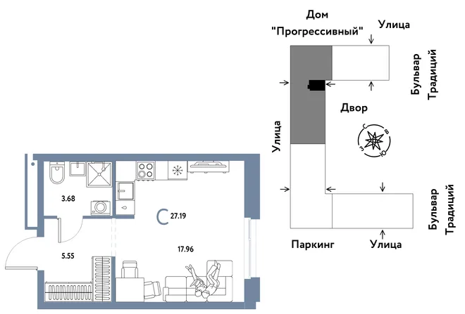 Планировка Студия, 27.19 м² ЖК «Микрорайон Домашний» Планировка Студия, 27.19 м² ЖК «Микрорайон Домашний»
