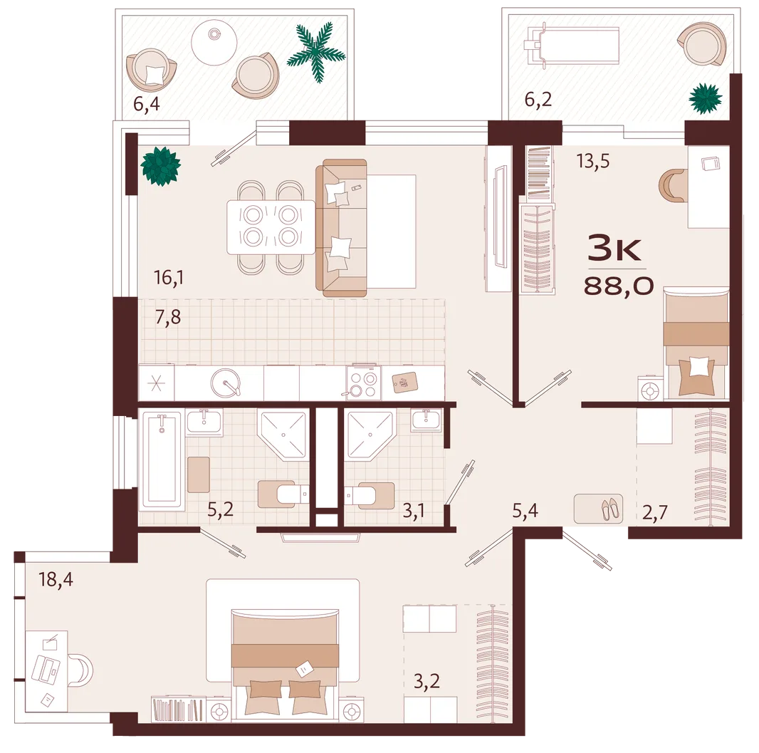 Планировка 3-комн. квартира, 88 м² ЖК «Роялта»