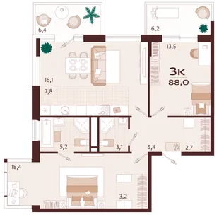 Планировка 3-комн. квартира, 88 м² ЖК «Роялта»