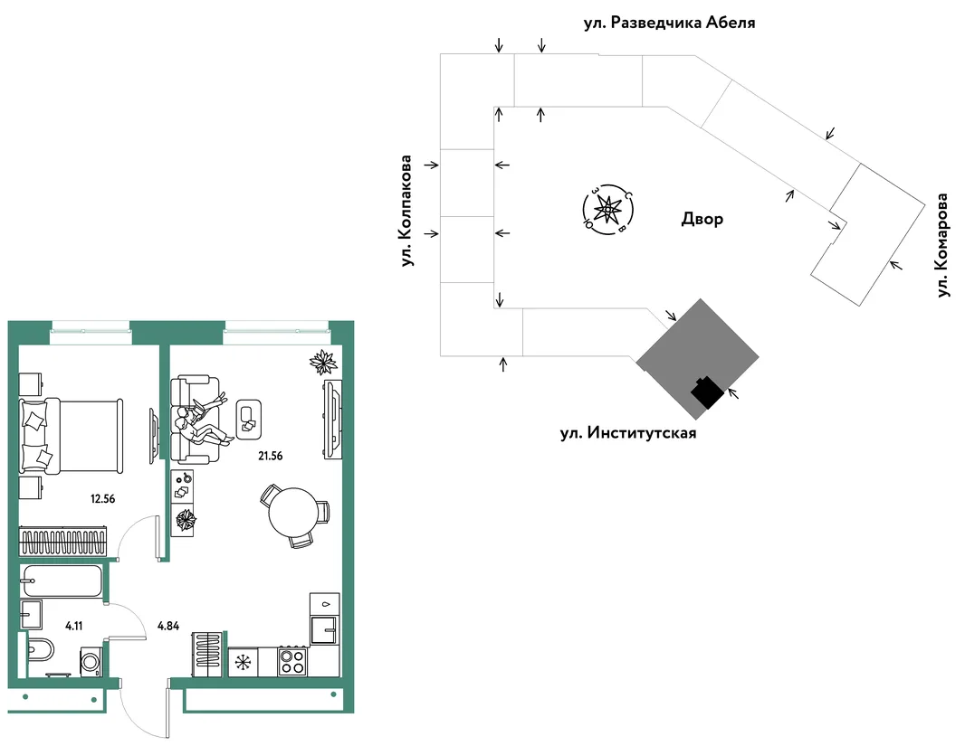 Планировка 2-комн. квартира, 43.07 м² ЖК «Страна.Парковая»
