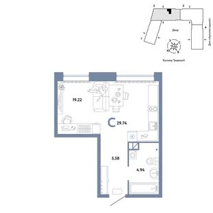 Планировка Студия, 29.74 м² ЖК «Микрорайон Домашний»