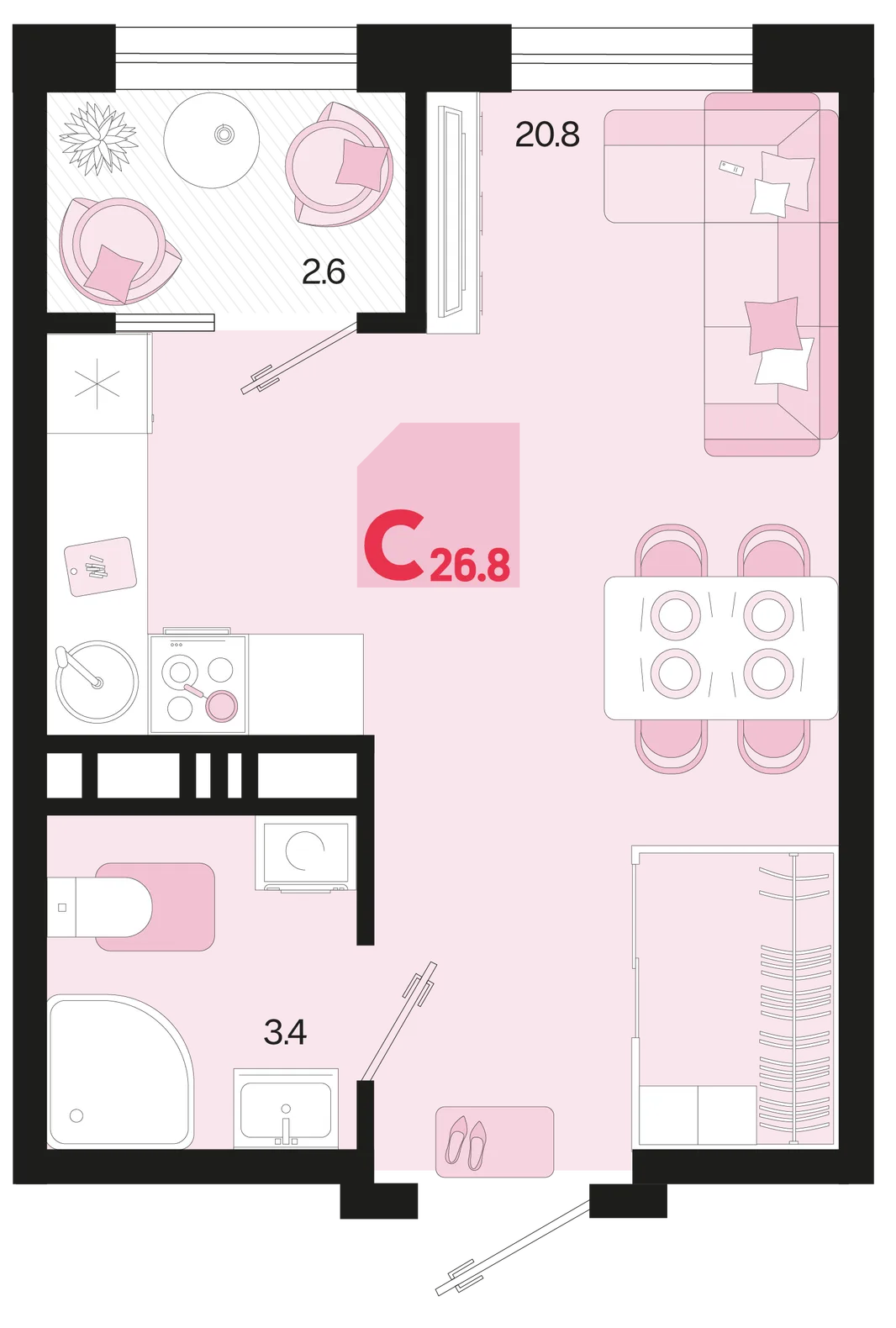 Планировка Студия, 26.8 м² ЖК «Первое место»