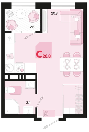 Планировка Студия, 26.8 м² ЖК «Первое место»