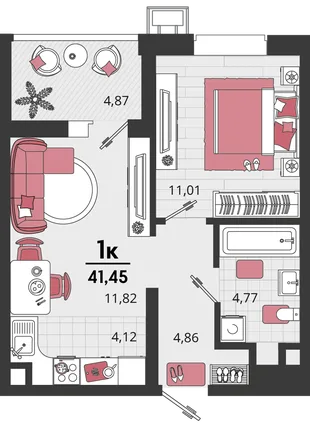 Планировка 2-комн. квартира, 41.45 м² ЖК «Родные просторы»