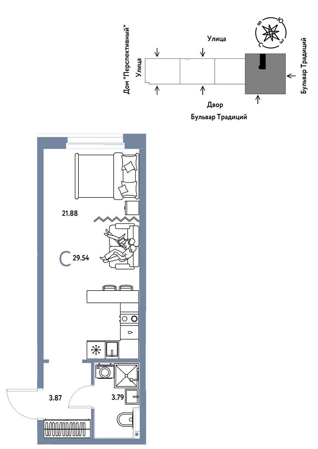 Планировка Студия, 29.54 м² ЖК «Микрорайон Домашний»