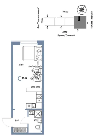 Планировка Студия, 29.54 м² ЖК «Микрорайон Домашний»