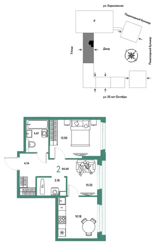 Планировка 2-комн. квартира, 44.44 м² ЖК «Сердце Сибири»