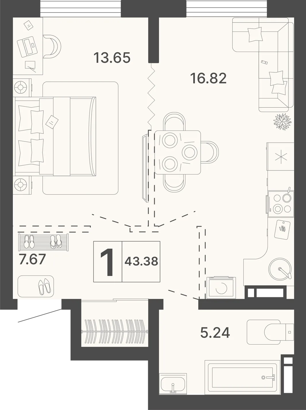 Планировка 1-комн. квартира, 43.38 м² ЖК «Светский лес»