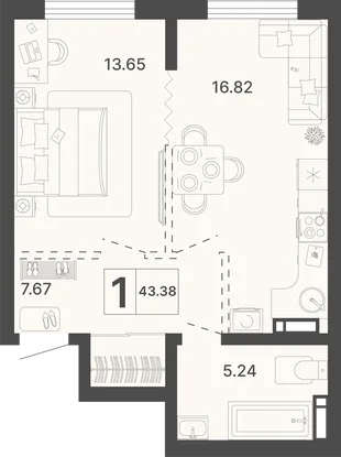 Планировка 1-комн. квартира, 43.38 м² ЖК «Светский лес»