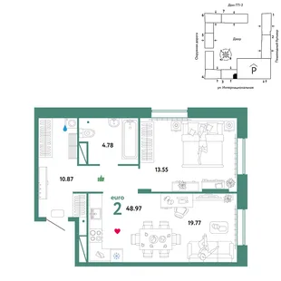 Планировка 2-комн. квартира, 48.97 м² ЖК «Юнион»