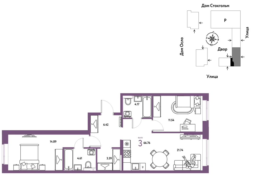 Планировка 3-комн. квартира, 66.76 м² ЖК «Европейский берег 2.0»