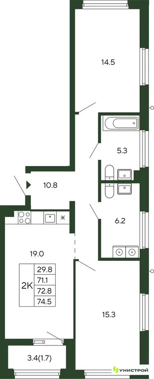 Планировка 2-комн. квартира, 72.8 м² ЖК «Парковый квартал 2.0»