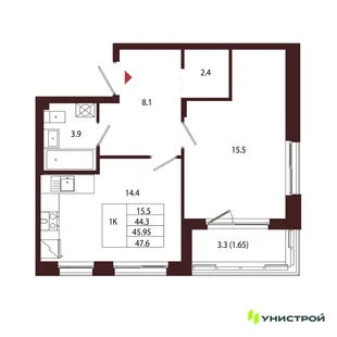 Планировка 1-комн. квартира, 45.95 м² ЖК «Лисино»