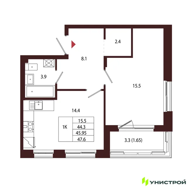 Планировка 1-комн. квартира, 45.95 м² ЖК «Лисино» Планировка 1-комн. квартира, 45.95 м² ЖК «Лисино»