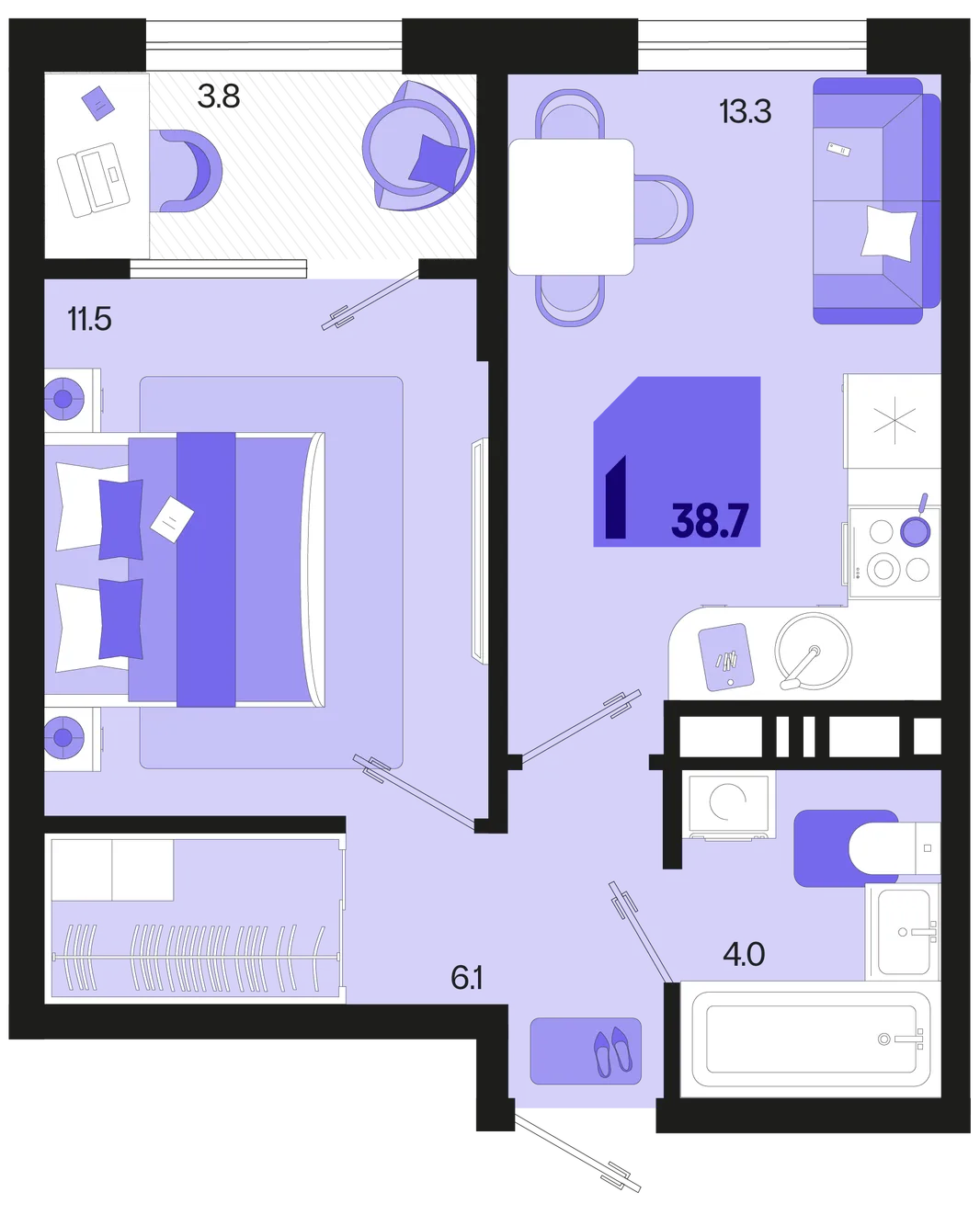 Планировка 1-комн. квартира, 38.7 м² ЖК «Первое место»