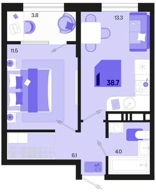 Планировка 1-комн. квартира, 38.7 м² ЖК «Первое место»