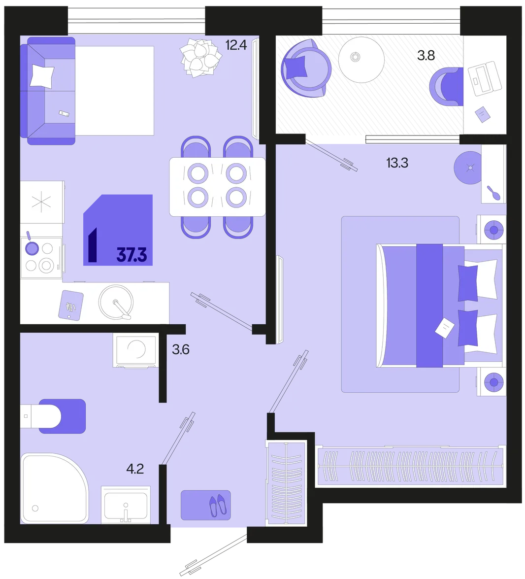Планировка 1-комн. квартира, 37.3 м² ЖК «Первое место»