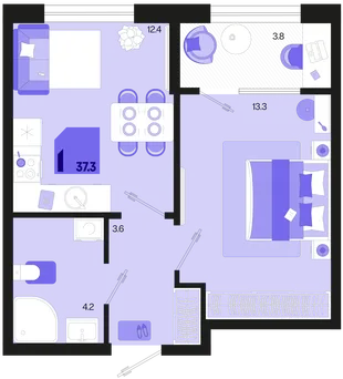 Планировка 1-комн. квартира, 37.3 м² ЖК «Первое место»