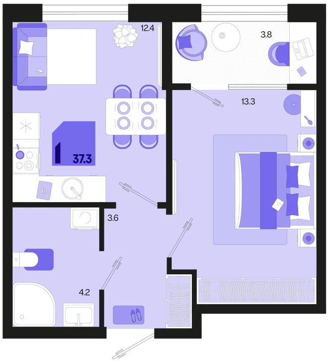 Планировка 1-комн. квартира, 37.3 м² ЖК «Первое место»