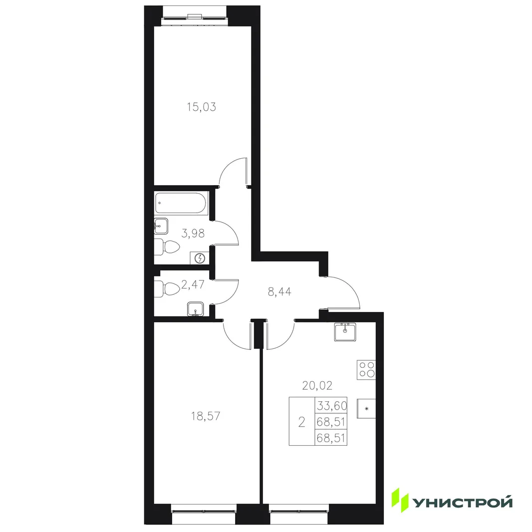 Планировка 2-комн. квартира, 68.51 м² ЖК «Statum»