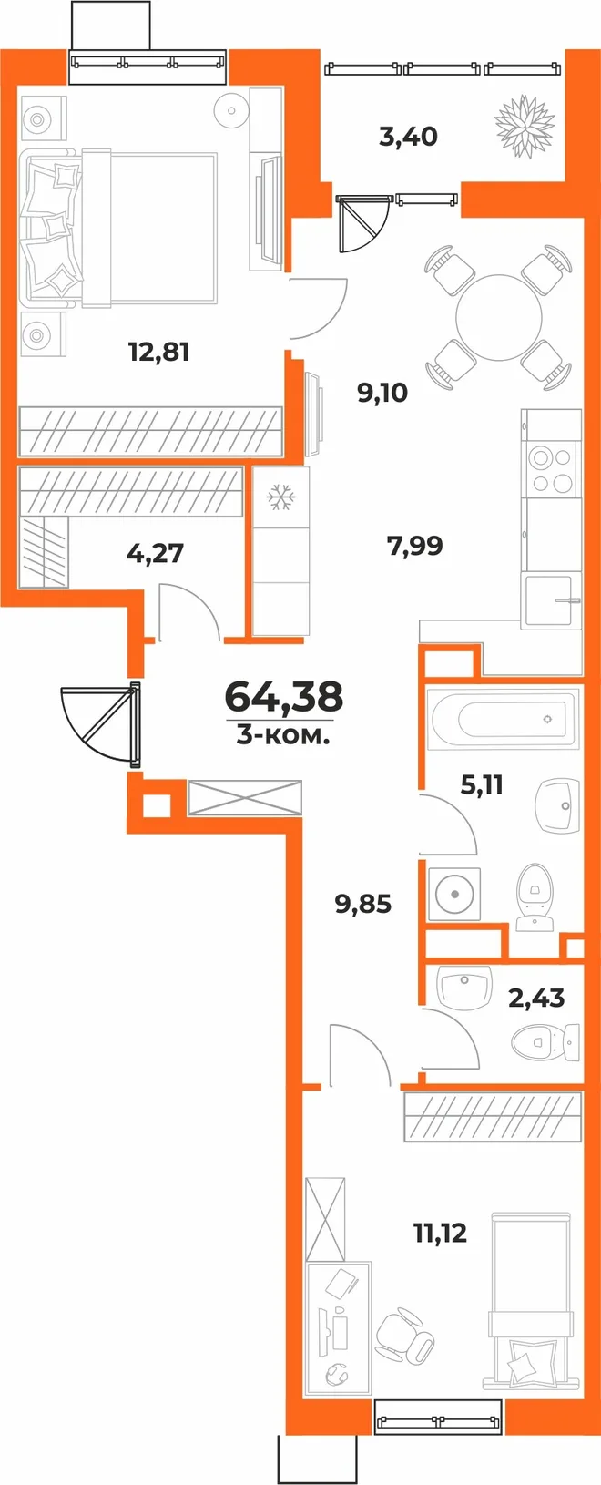 Планировка 3-комн. квартира, 64.38 м² ЖК «Живописный сад» Планировка 3-комн. квартира, 64.38 м² ЖК «Живописный сад»