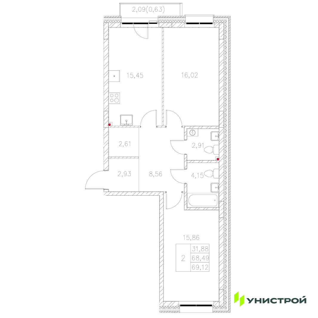 Планировка 2-комн. квартира, 69.12 м² ЖК «Statum»