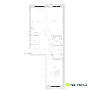 Планировка 2-комн. квартира, 69.12 м² ЖК «Statum»