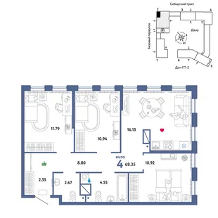 Планировка 4-комн. квартира, 68.35 м² ЖК «Сибирский сад»