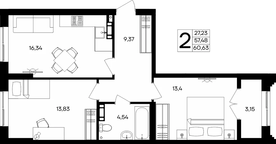 Планировка 2-комн. квартира, 60.63 м² ЖК «Семисчастье»