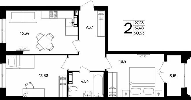 Планировка 2-комн. квартира, 60.63 м² ЖК «Семисчастье»