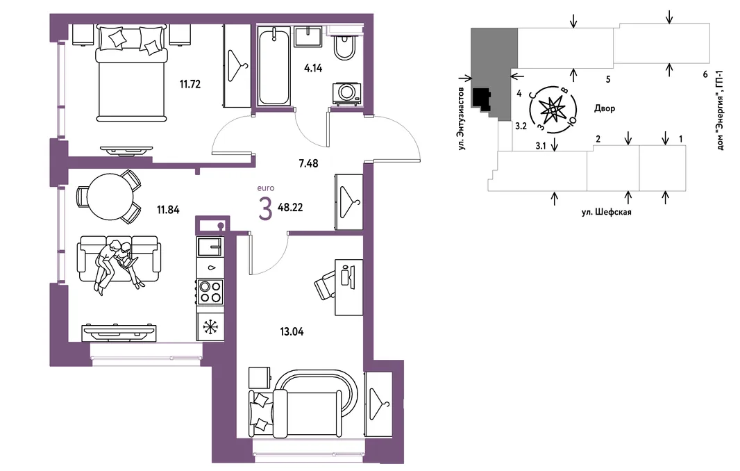 Планировка 3-комн. квартира, 48.22 м² ЖК «Страна.Энтузиастов»