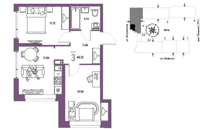 Планировка 3-комн. квартира, 48.22 м² ЖК «Страна.Энтузиастов» Планировка 3-комн. квартира, 48.22 м² ЖК «Страна.Энтузиастов»