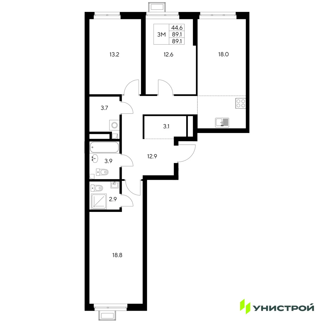 Планировка 3-комн. квартира, 89.1 м² ЖК «Стадиум»