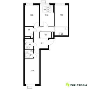 Планировка 3-комн. квартира, 89.1 м² ЖК «Стадиум»