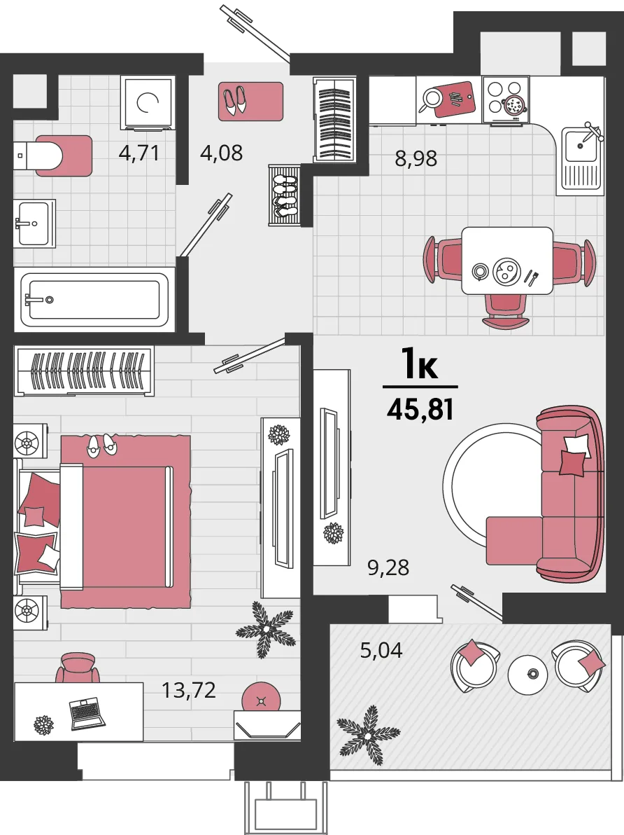 Планировка 2-комн. квартира, 45.81 м² ЖК «Родные просторы»