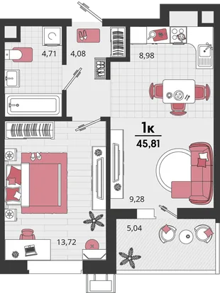 Планировка 2-комн. квартира, 45.81 м² ЖК «Родные просторы»