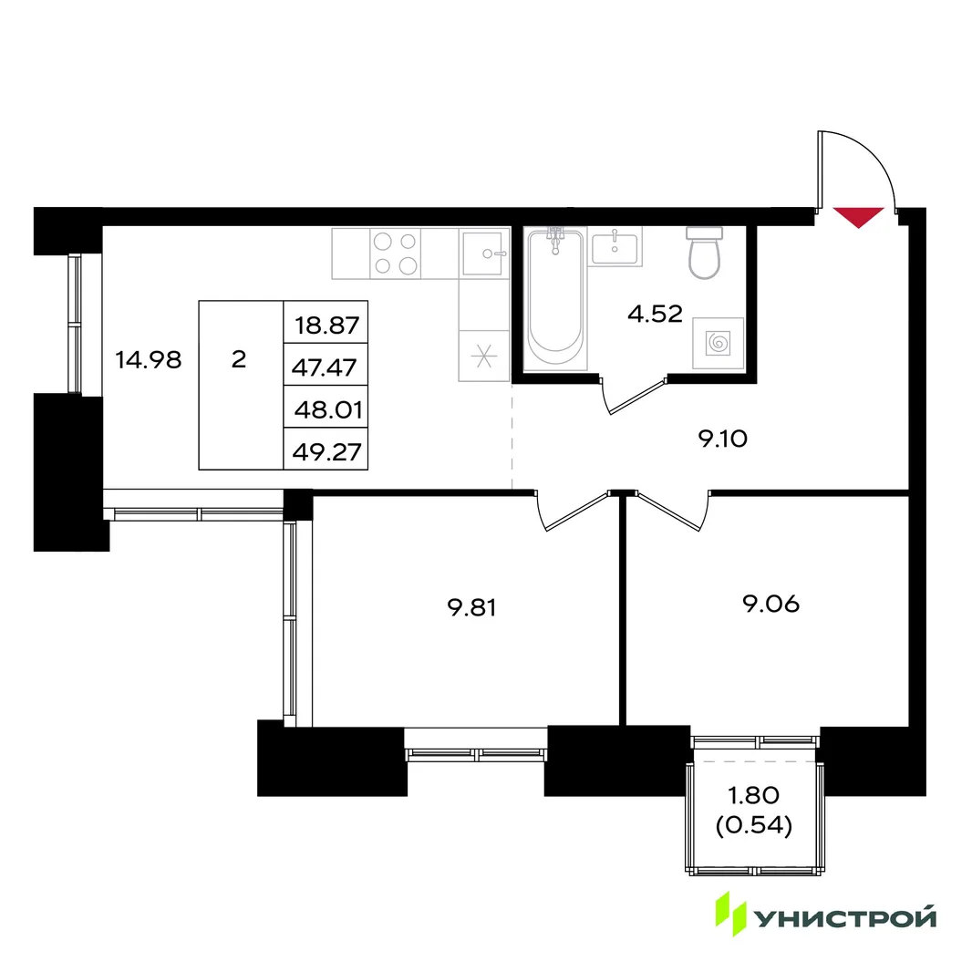 Планировка 2-комн. квартира, 48.01 м² ЖК «Уникум на Энгельса»