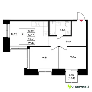 Планировка 2-комн. квартира, 48.01 м² ЖК «Уникум на Энгельса»