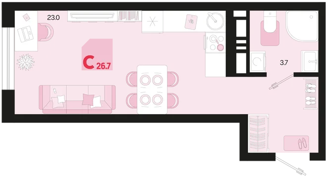 Планировка Студия, 26.7 м² ЖК «Первое место» Планировка Студия, 26.7 м² ЖК «Первое место»
