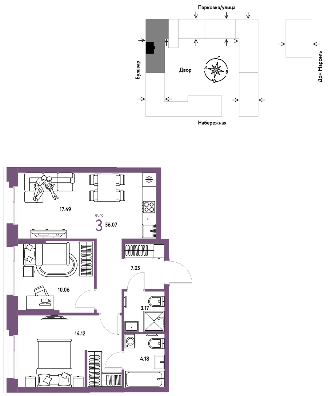 Планировка 3-комн. квартира, 56.07 м² ЖК «Европейский берег 2.0»