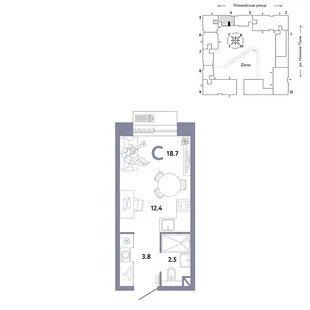 Планировка Студия, 18.7 м² ЖК «Страна.Заречная»
