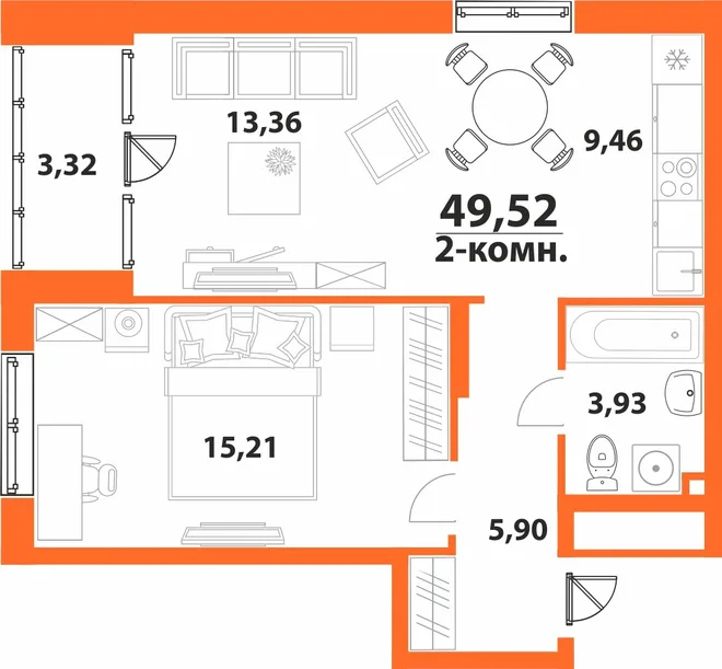 Планировка 2-комн. квартира, 49.52 м² ЖК «Аквамарин 2» Планировка 2-комн. квартира, 49.52 м² ЖК «Аквамарин 2»