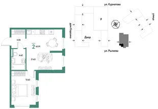 Планировка 2-комн. квартира, 42.91 м² ЖК «Остров-сад»